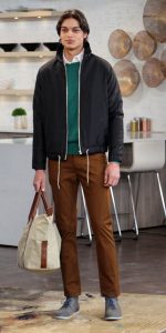 Male model navy jacket, green sweater, brown pants