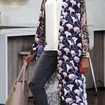 White blouse, distressed jeans, floral long kimono and wine coloured pumps