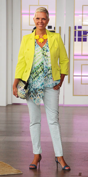 yellow blazer with baby blue pants