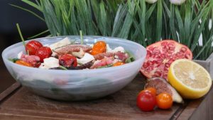 Fig, Buffalo Mozzarella, Prosciutto, Arugula, Blistered Tomato Salad with Pomegranate Vinaigrette & Flaked Almonds