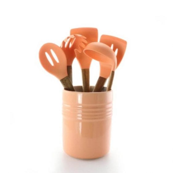 Plaza Cafe 5-Piece Kitchen Tools with Coral Ceramic Crock